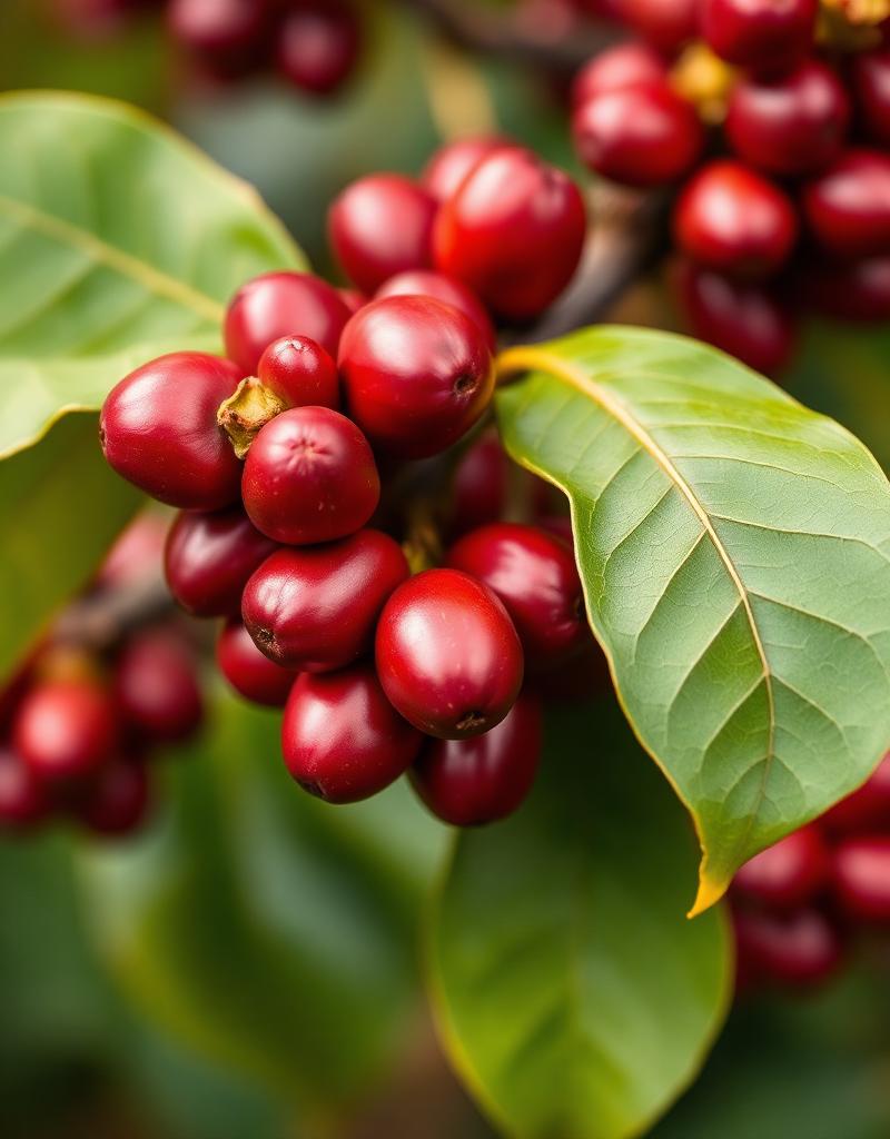Ripe Ethiopian arabica coffee cherries on the branch